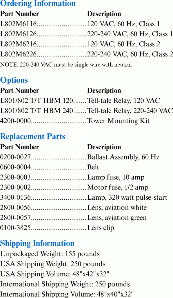 HBM 320 L802M Military Airport Rotating Beacon ordering codes