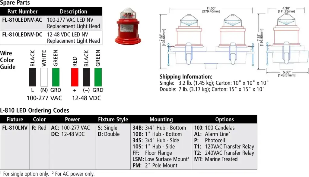 L-810 LED Night Vision Red Obstruction Light ordering codes