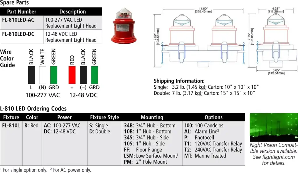 L-810 LED Steady Burning Red Obstruction Light ordering codes
