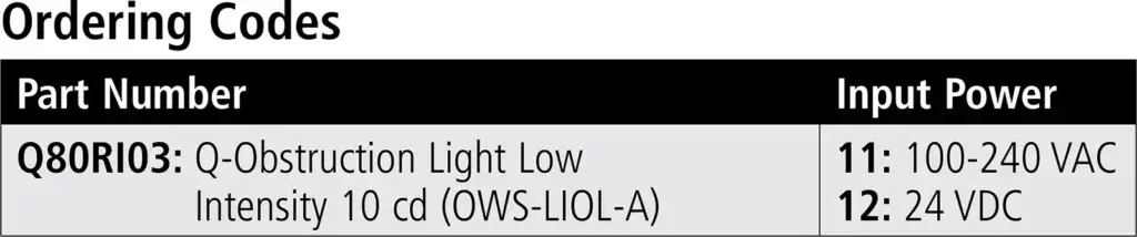 Q-Obstruction Light Low Intensity 10 cd OWS-LIOL-A ordering codes