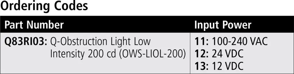 Q-Obstruction Light Low Intensity 200 cd OWS-LIOL-200 ordering codes