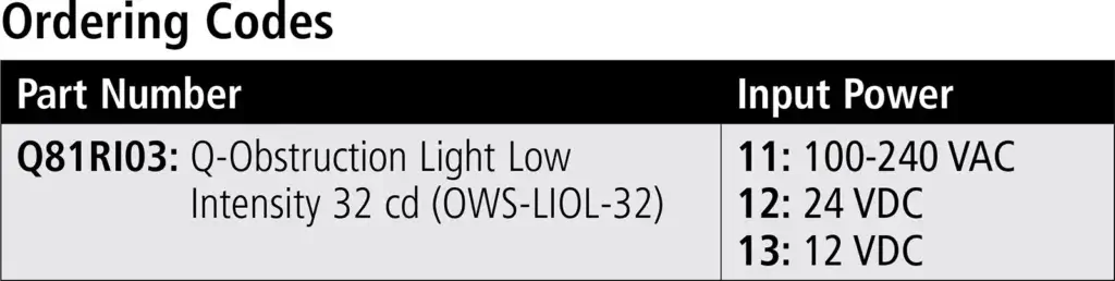 Q-Obstruction Light Low Intensity 32 cd OWS-LIOL-32 ordering codes