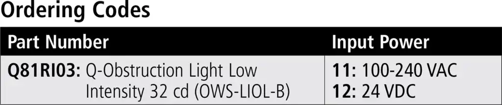 Q-Obstruction Light Low Intensity 32 cd OWS-LIOL-B ordering codes