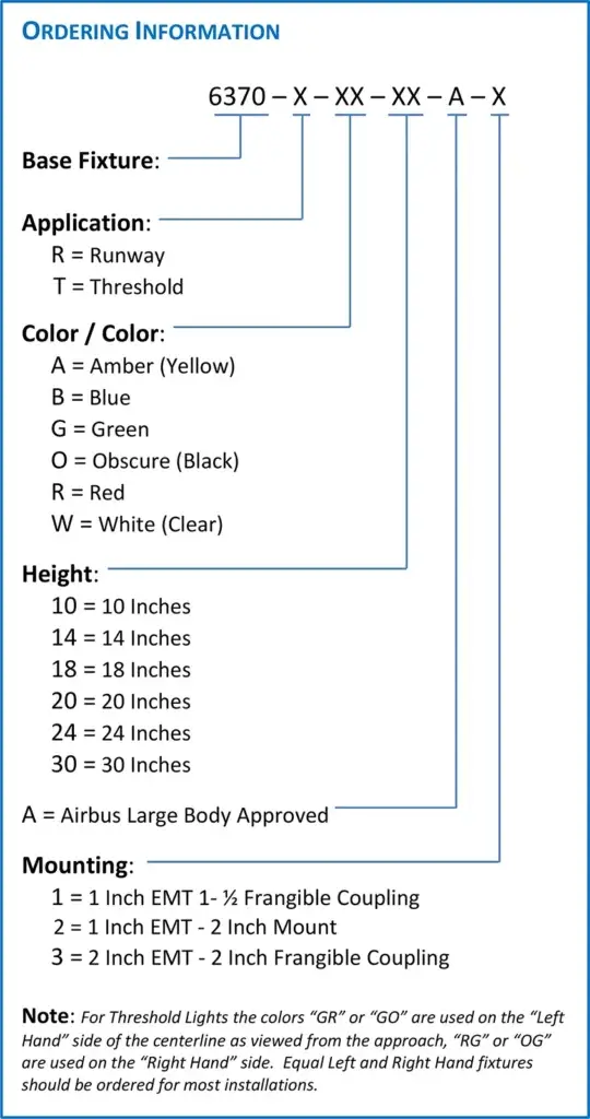 High Intensity Elevated Runway Threshold and End Light (6370 Series) Ordering Codes
