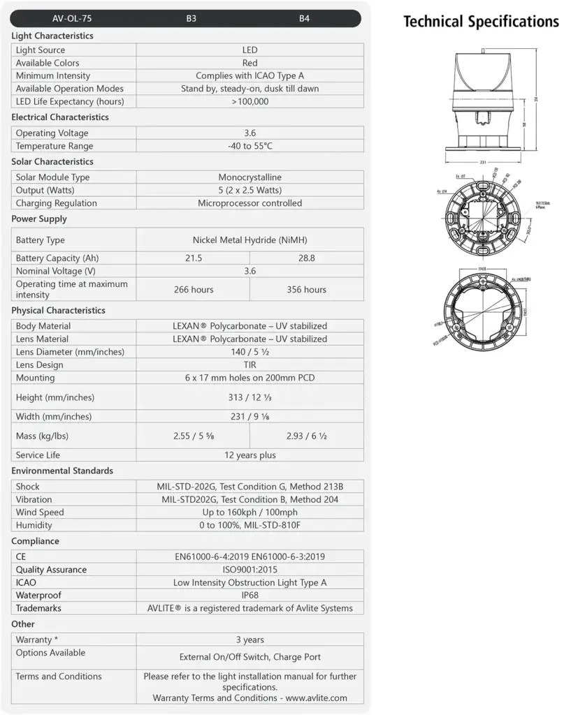 AV-OL-75 Solar Low-Intensity Obstruction Light specifications