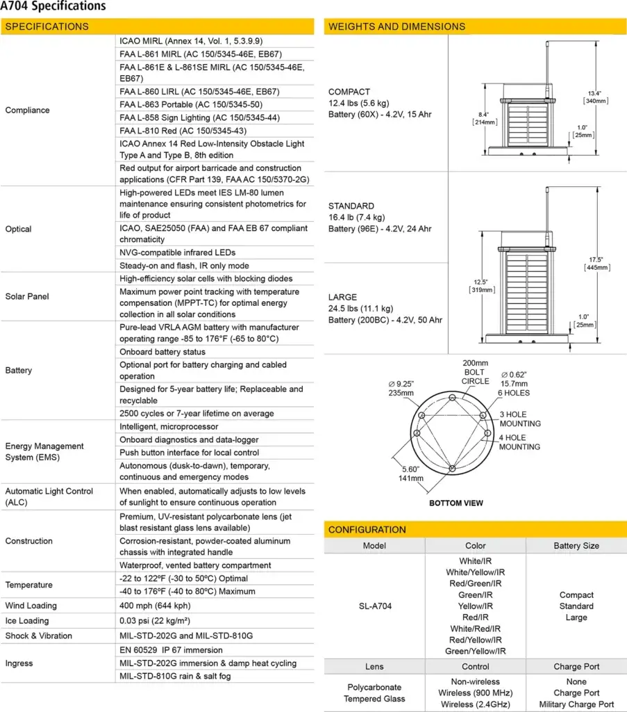 A704 Solar Medium Intensity Runway Light specifications